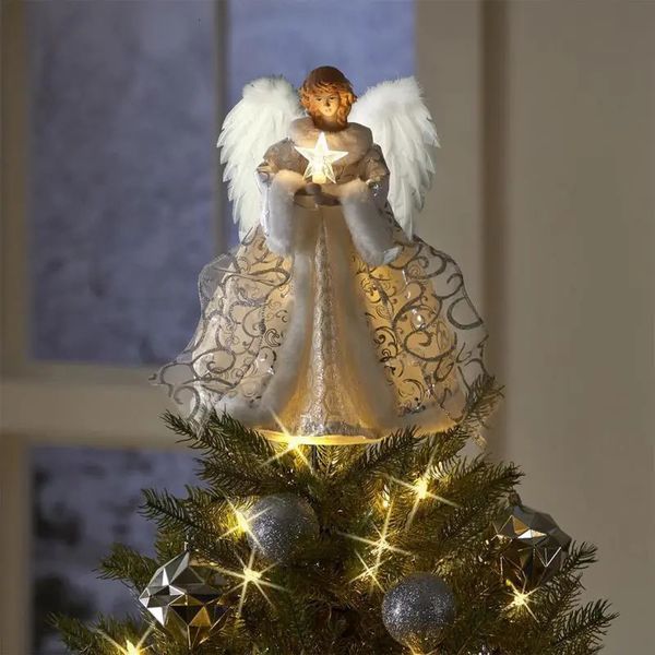 Décorations de Noël Décoration d'arbre de Noël Golden Angel Dolls Tree Top Star LED Pendentif lumineux Décoration de dessus d'arbre de Noël Fournitures de fête de l'année 231102