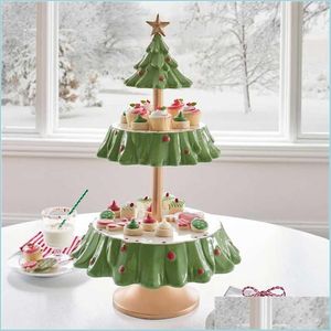 Decoraciones navideñas Árbol de Navidad Mesa de postres Plato de frutas Soporte de pastel de doble capa Fiesta navideña Bandeja de bocadillos de dulces Estante de Navidad Hold Dhfy0