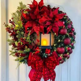 Décorations de Noël Couronne de Noël avec lampe Boule d'arc Grande fleur rouge Navidad Party Mur Porte Fenêtre Cheminée Escalier Balcon Jardin Couronne 231121