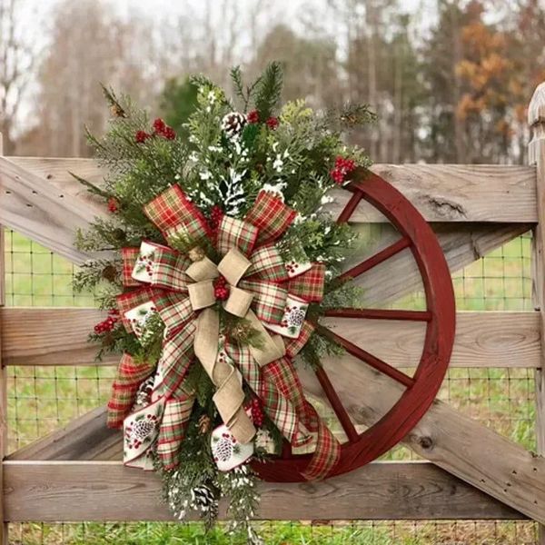 Décorations de Noël Couronne de Noël en bois avec roues de chariot de ferme, décoration de porte d'hiver, guirlande d'ornement, cadeau d'année, décoration de Noël pour la maison 231109