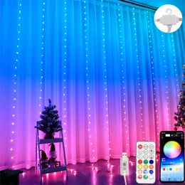 Décorations de Noël Rideau lumineux à couleur changeante 3X Bluetooth APP Arc-en-ciel Toile de fond Fenêtre Guirlandes LED Fée 231019