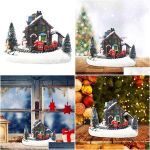 Décorations de Noël Couleur LED Lumière Neige Petit Train Village Maison Lumineuse Résine Ornement F19B 211105 Drop Livraison Maison Jardin F Dh4Hx