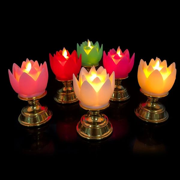 Décorations de Noël coloré électrique bouddha lotus lumière à piles sans flamme scintillement LED bougie lampe à thé accessoires de prière décor S27 21 231127