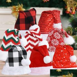 Décorations de Noël Cosplay Caps Noël Père Noël Chapeaux Plaid Rayé Flocon De Neige Paillettes Rouge Blanc Casquette En Peluche Chapeau De Fête Costume Décor Dh5Yh