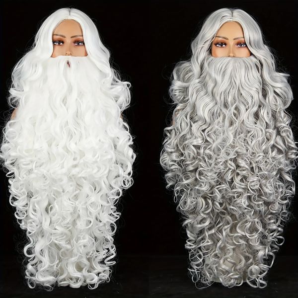 Décorations de Noël Cosplay Synthétique Cheveux Courts WhiteGrey Père Noël Barbe Unisexe Hommes Femmes Party Dress Up Props Accessoire 231113