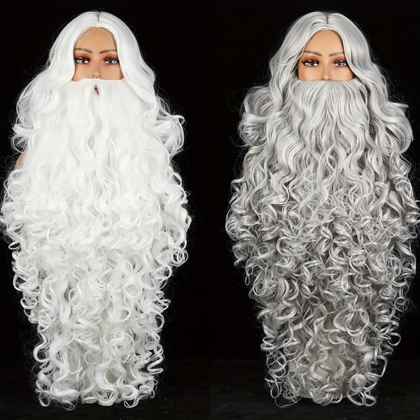 Décorations de Noël Cosplay Synthétique Cheveux Courts WhiteGrey Père Noël Barbe Unisexe Hommes Femmes Party Dress Up Props Accessoire 231121