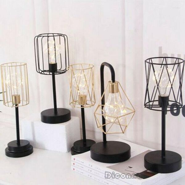 Decoraciones navideñas creativas negras retro led industrial led lámpara geométrica alambre lámpara de mesa de batería del lecho