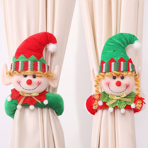 Decoraciones navideñas dibujos animados creativos pareja elfos cortina sosteniendo puerta cortina hebilla centro comercial ventana atmósfera decoración suministros