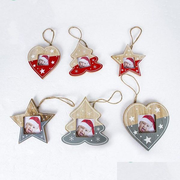 Decoraciones navideñas Adornos de marco de Navidad creativos Marcos de cuadros de madera Diseños de árboles de estrellas de corazón Colgantes colgantes para Indoo DHEBZ
