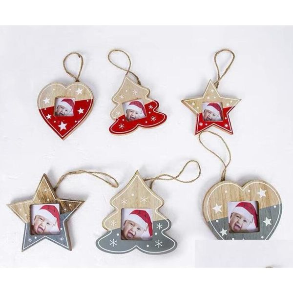 Decoraciones navideñas Adornos de marco creativos Marcos de cuadros de madera Diseños de árboles de estrellas de corazón Colgantes colgantes para decoración de interiores Dh9Xy