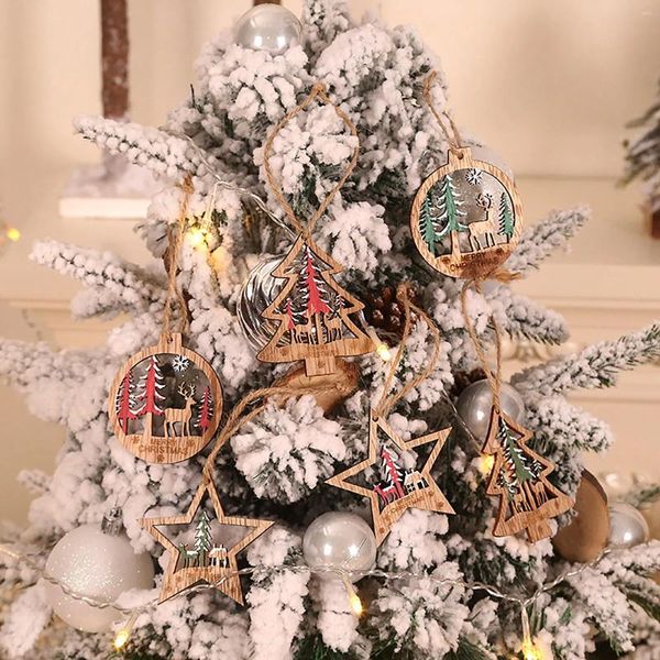 Décorations de Noël rideau en perles en cristal pour la porte arbre 3d creux out le pendentif en bois coloré rond six pièces de suspension