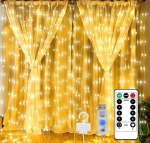 Décorations de Noël Rideau LED String Lights Décoration de fée avec crochet de télécommande Lampe de guirlande de mariage pour chambre à coucher Maison vacances 230919