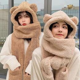 Décorations de Noël Mignon Ours Oreille Chapeau Écharpe Gants Ensemble Hiver Femmes Bonnets Casquettes Chaud Casual Chapeaux En Peluche Casual Solide Polaire Fille Kawaii Présent 231006