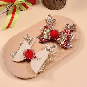 Pince à cheveux en corne de cerf, décorations de noël, nœud papillon pour enfants, rose vif, paillettes, bord décoratif, cadeau pour fille