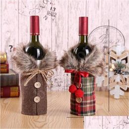 Decoraciones navideñas DHS Entrega rápida Nuevo vino Er con arco Tela escocesa Botella de lino Ropa Pelusa Moda creativa Gota Hogar Jardín Fest Dhl1U