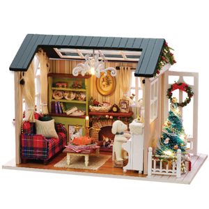 Kerstdecoraties DIY Miniatuur Poppenhuis Kit Realistisch Mini 3D Houten Huis Kamerknutselen met Meubilair LED-verlichting Kinderdagcadeau 231117