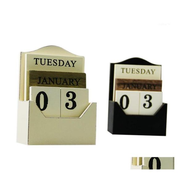 Decoraciones navideñas DIY Calendario de escritorio de madera Retro Vintage Bloque Perpetuo Oficina ambiental de madera Decoración para el hogar Negro Blanco1 Gota Dhxaf