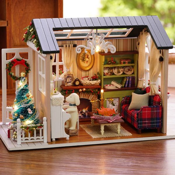 Décorations de Noël DIY en bois Mini Dollhouse Kit réaliste maison chambre artisanat enfants jour anniversaire jouets cadeau décoration 231117