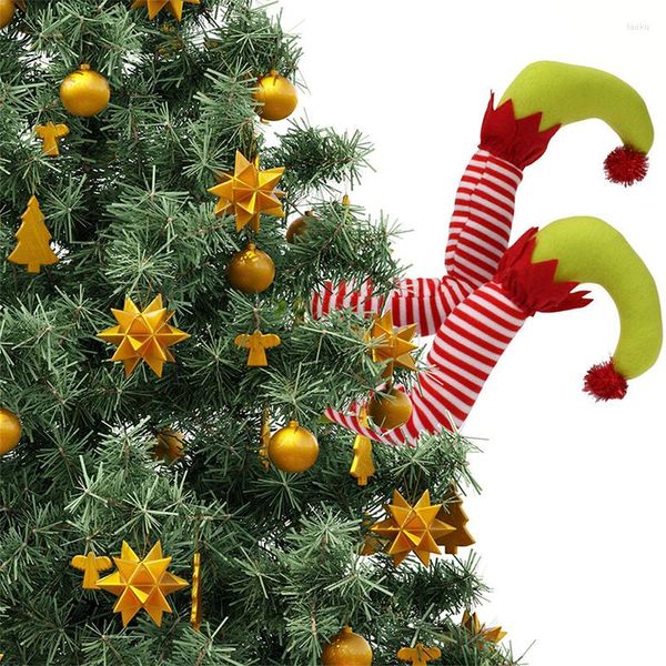 Decoraciones navideñas Piernas de duende para la decoración del árbol Bota de lentejuelas con estampado a rayas Adornos divertidos Festival