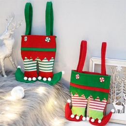 Decorações de Natal Calças de Elfo Saco de Presente de Doces com Saia Verde e Estoque Listrado Pequeno para Criança para Festa Su251J