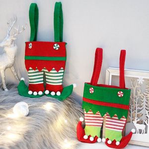 Décorations de Noël Elf Pantalon Bonbons Sac Cadeau Avec Jupe Verte Et Stock Rayé Petit Pour Enfant Pour La Fête Su