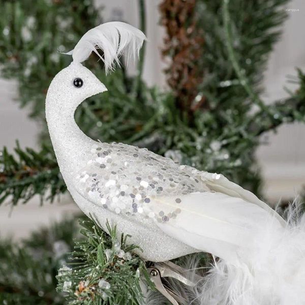 Decoraciones navideñas Exquisito adorno de pavo real Adornos de plumas realistas Clip blanco con brillo para árbol