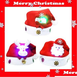 Décorations de Noël Fantaisie Shinning Violet Vert Blanc LED Chapeau de Noël Fête Nuit Père Noël avec incrusté Claus Renne Bonhomme de neige Drop Deliver Dha1X