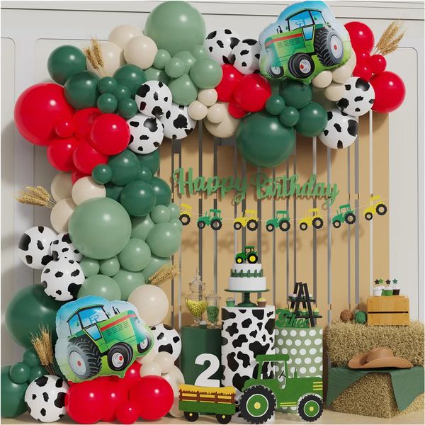 Décorations de Noël Ferme Tracteur Feuille Ballon Garland Arch Kit Rouge Jaune Vert Vache Thème Fête D'anniversaire Enfants Cadeaux 231213