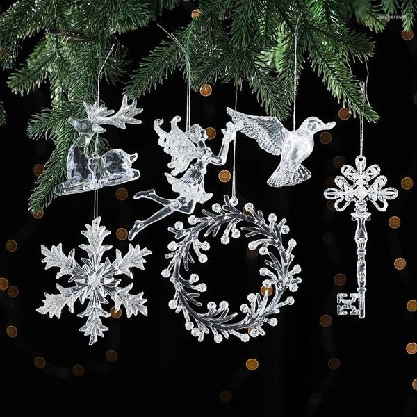Decoraciones navideñas colgante colgante ornamento transparente copo de nieve alce ángel muñeco de nieve pájaro boda fiesta de cumpleaños decoración del banquete
