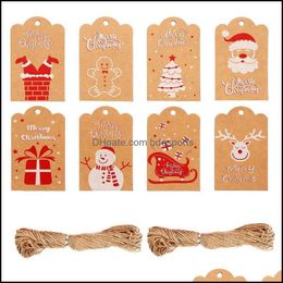 Kerstmisdecoratie Feestelijke Feestartikelen Huis Tuin 2021 100 stks Kraft Paper Tree Sticker Merry Gift Tag Santa Claus Snowman DIY Wrap