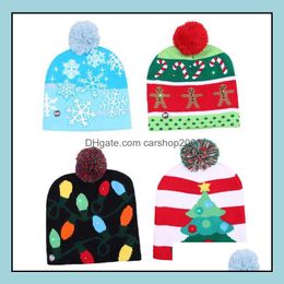 Décorations de Noël Fournitures de fête festives Jardin de la maison Nouveau chapeau tricoté à LED Kid Adts Père Noël Bonhomme de neige Renne Elk DHF0V
