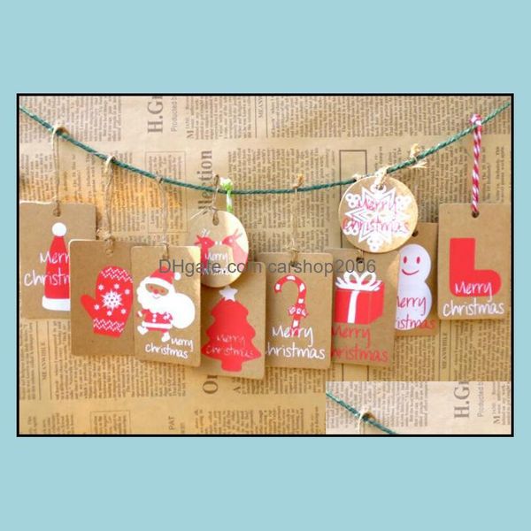 Décorations de Noël Fournitures de fête de fête Maison Jardin 50 Pcs / Lot Joyeux cadeau Étiquettes en papier Kraft Père Noël Étiquette volante Flocon de neige Décor d'arbre