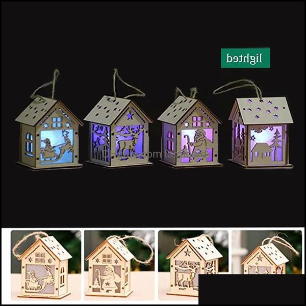 Decoraciones navideñas Suministros festivos para fiestas Hogar Jardín Cabaña de troncos Cuelga Kit de artesanía de madera Rompecabezas Casa de juguete con vela Barra de luz Regalo Gota D