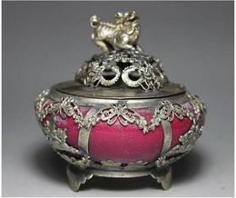 Décorations de noël pour la maison + travail manuel chinois Tibet argent incrustation Jade Lion rouge brûleur d'encens/encensoir