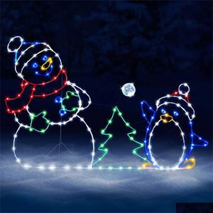 Décorations de Noël Fun Animé Snowball Fight Active Light String Frame Decor Holiday Party Outdoor Garden Snow Glowing Decorati Dhkyn