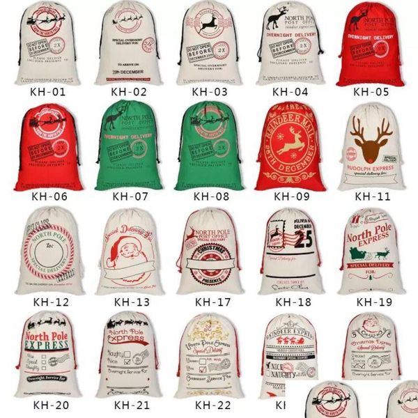 Décorations de Noël Sacs cadeaux Santa Sack 50X70Cm Dstring Sac Toile Grand Organique Lourd Avec Renne Claus Pour Enfants En Gros Dr Dhdho