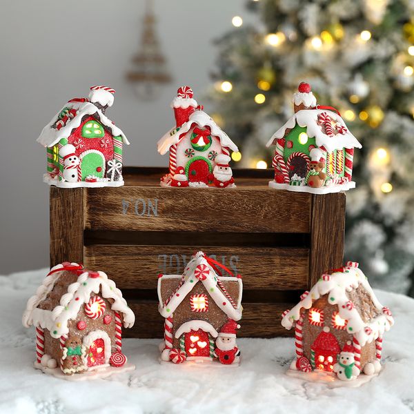 Décorations de Noël Gingerbread House Pendentif suspendu avec lumières LED Ornement d'arbre Soft Clay Décoration de Noël Année Cadeau 221125