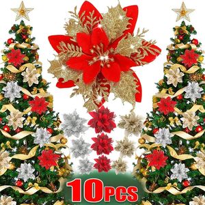 Décorations de Noël Glitter Fleurs artificielles Floral Soie Fausse fleur avec clips pour arbre de Noël Ornements suspendus Année Cadeau Décor à la maison 231017