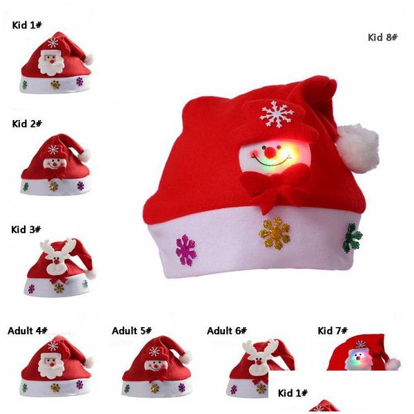 Adornos navideños Sombrero resplandeciente Dibujos animados Santa Adt Kid Gorro de felpa Cuernos de muñeco de nieve Sombreros de Navidad ligeros Regalo Dbc Vt1062 Entrega directa a casa Ga Dhojg