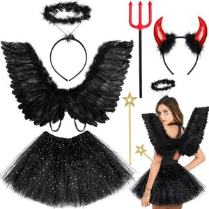 Kerstversiering Halloween engel kostuum vrouwen duivel kostuum vrouwen engelenvleugels Halo duivelsvleugels duivel hoorns en vork zwarte tutu - dames Hallowee 231006
