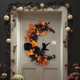 Décorations de Noël Signes d'Halloween Couronnes de porte en forme de lune Goth Roses Chats noirs Guirlande Ornement de porte d'entrée Décorations d'Halloween Panneau de bienvenue 231013