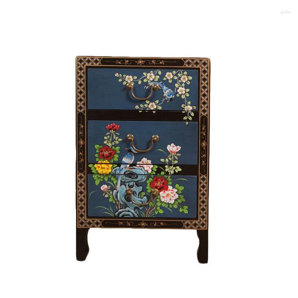 Table de chevet peinte à la main, décorations de noël, reproduction antique classique chinoise, meubles en bois bleu à trois seaux