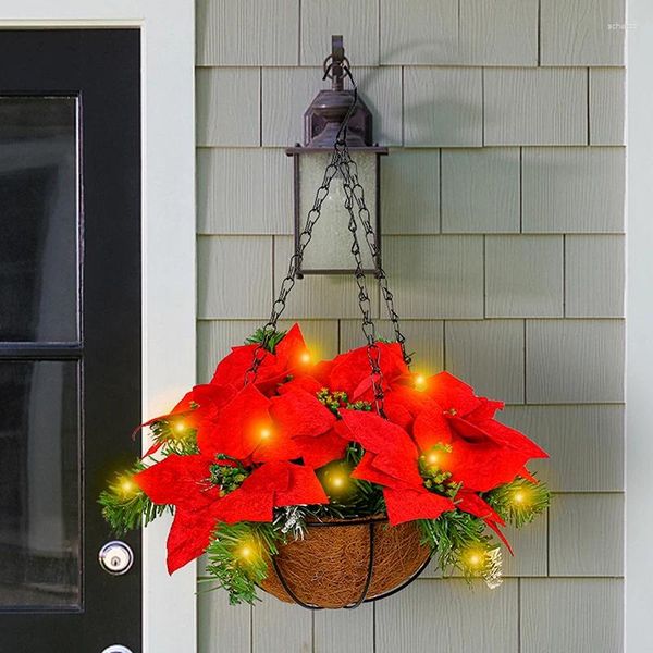 Decoraciones navideñas, cestas colgantes con luces, cesta de Poinsettia Artificial para Patio, césped, jardín, decoración de calle