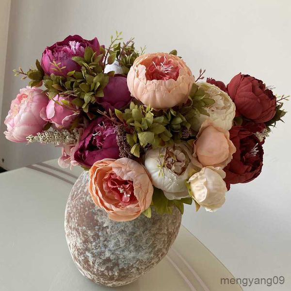 Décorations de Noël de haute qualité fleur de soie bouquet européen fleurs artificielles rose vif feuille de pivoine fête de mariage décoration de la maison R230922
