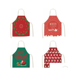 Décorations De Noël Maison Cuisine Pinafore Coton Lin Elk Père Noël Bas 8 Motif Femmes Tablier Dessin Animé Imprimer Tabliers De Fête F Dhwto