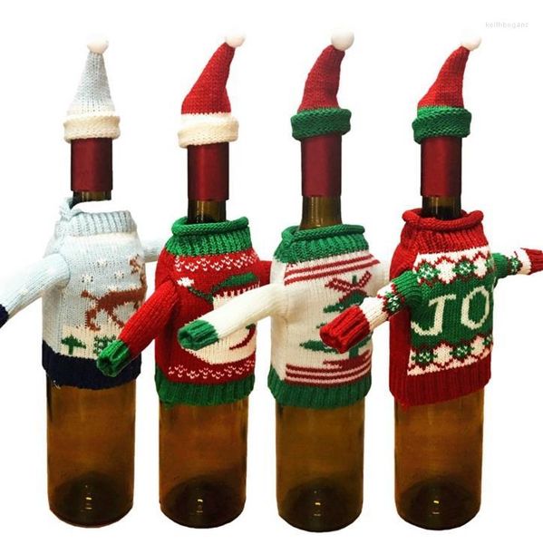 Decoraciones navideñas, suéter de punto, sombrero, conjunto de cubierta para botella de vino, muñeco de nieve, reno, cubiertas para árboles de Navidad, envoltura de regalo para eventos festivos