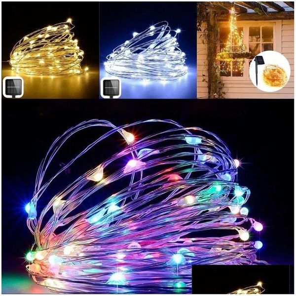 Décorations de Noël Pelouse Prise de terre Lampe Cordes Solaire 100 LED 10M String Maison Jardin extérieur Fée Lumière Fil de cuivre 13 9Ls G2 D Dhrsx