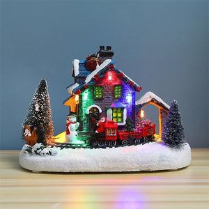 Kerstdecoraties geleid gloeiende kerstdorpscène ornamenten huishoudelijke decoraties lumineuze hars ambachten winter house kerstman sneeuwman trein 220916