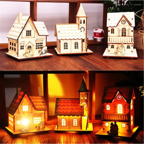 Decoraciones navideñas, luz LED, casa de madera, cabina luminosa para el hogar, Adornos de árbol de Navidad DIY, regalos para niños del año 2023