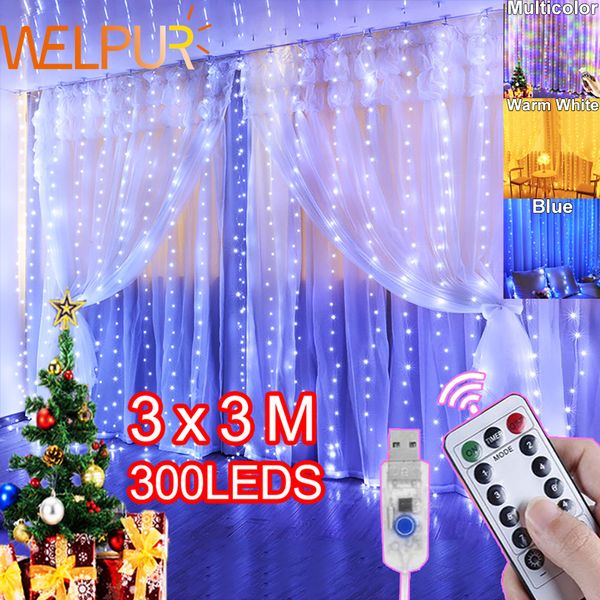 Decoraciones navideñas LED Guirnalda solar Luces de cortina USB Festoon Luz de hadas Ramadán Decoración del árbol Dormitorio Decoración de la habitación 230919